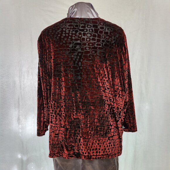 Mod Print Shiny Velveteen Red & Black Blouse for Ladies - Picture 2 of 7